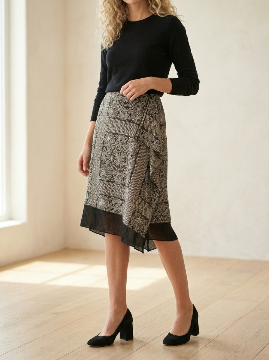 Harold’s Asymmetric Printed Midi Skirt In Black And Cream Y2k Styling